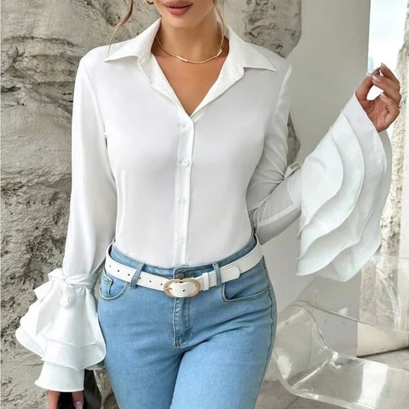 Classic Elegant Ruffle Sleeve Button Down Shirt Top Blouse - Picture 4 of 6